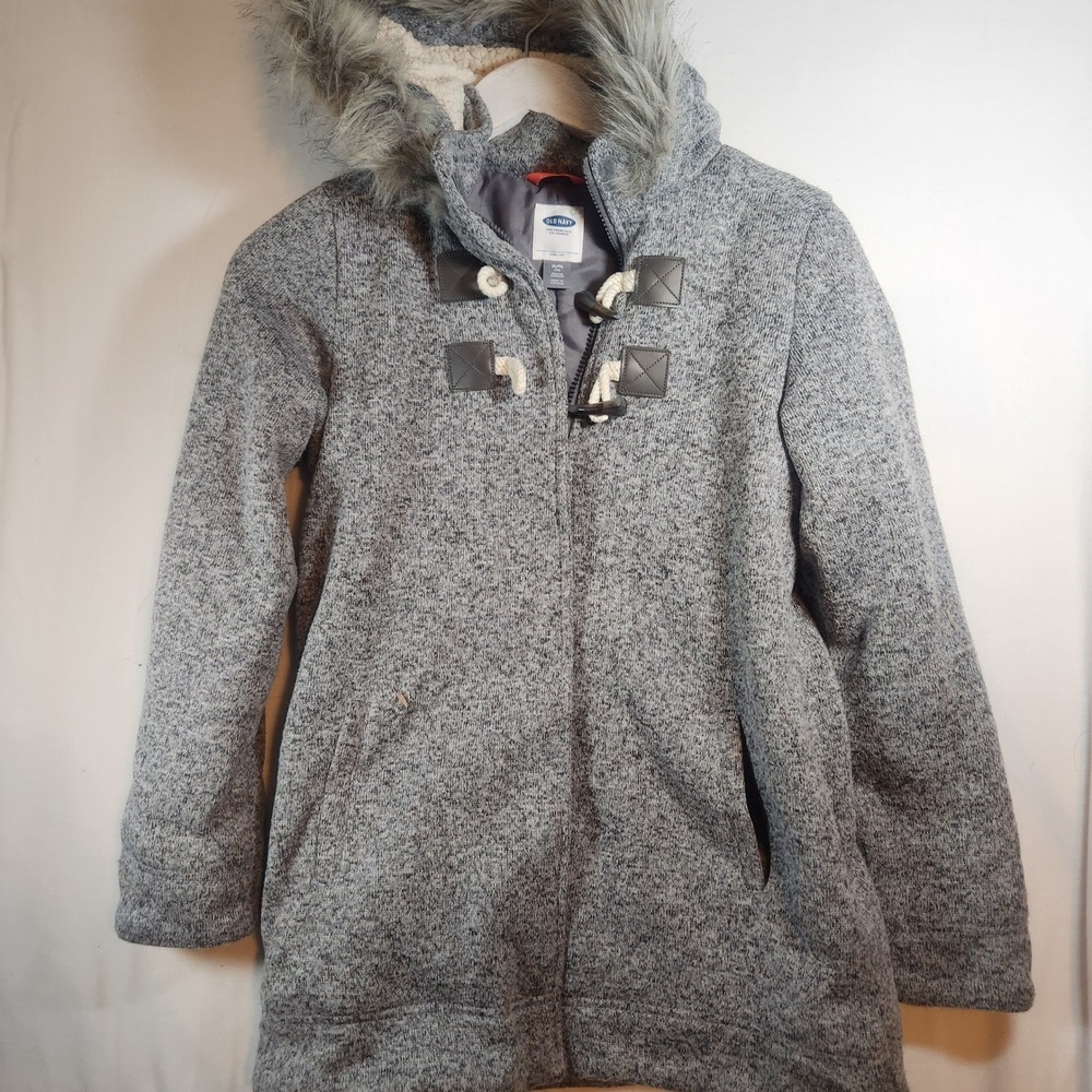 Old Navy Girls XL 14 Gray Marl Hooded Toggle Coat Faux Fur Trim Sherpa Lined